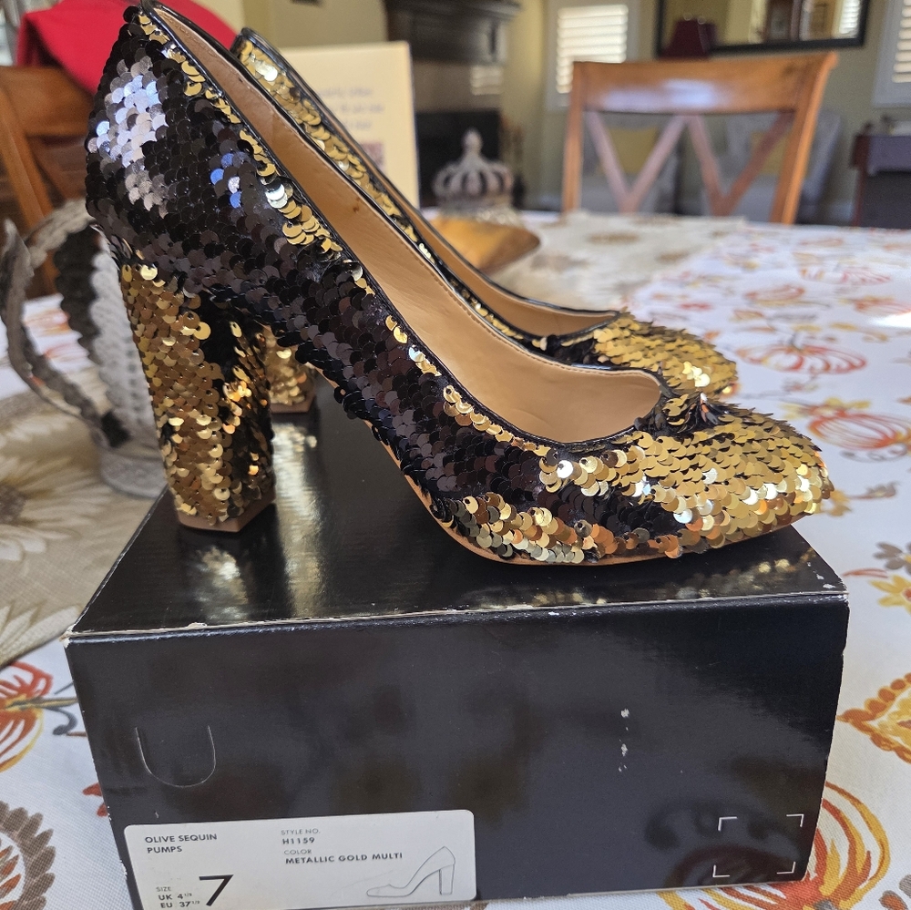 J. Crew Gold and Black Sequin Heels